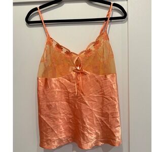 Y2K Lingerie Orange Satin Floral Embroidered Mesh Camisole